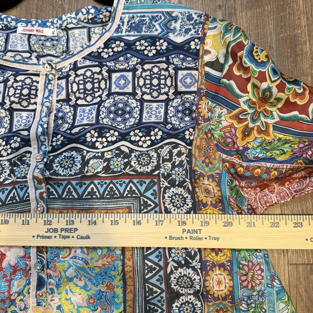 Johnny Was 100% Silk Patchwork Tunic Women's Size Petite L LP Boho Hippie Career - Picture 8 of 12